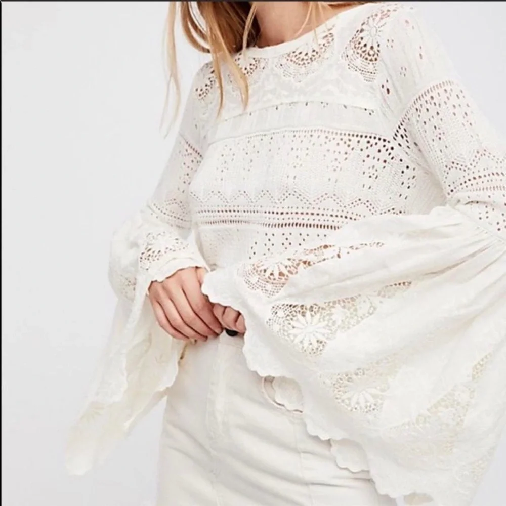 Free People Teal Lace Crochet Long Sleeve Blouse